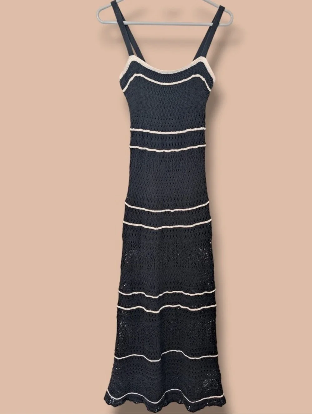 Abercrombie & Fitch Black Stripe Crochet Knit Cotton Square Neck Maxi Tank Dress